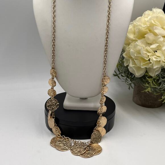 Banana Republic Signed Gold Tone Long Textured Coin Dangle Long Toggle Necklace - Picture 2 of 8